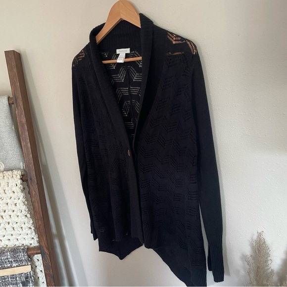 Garnet Hill | Cashmere Lightweight Crochet Knit Black Cardigan Sweater - Picture 5 of 9